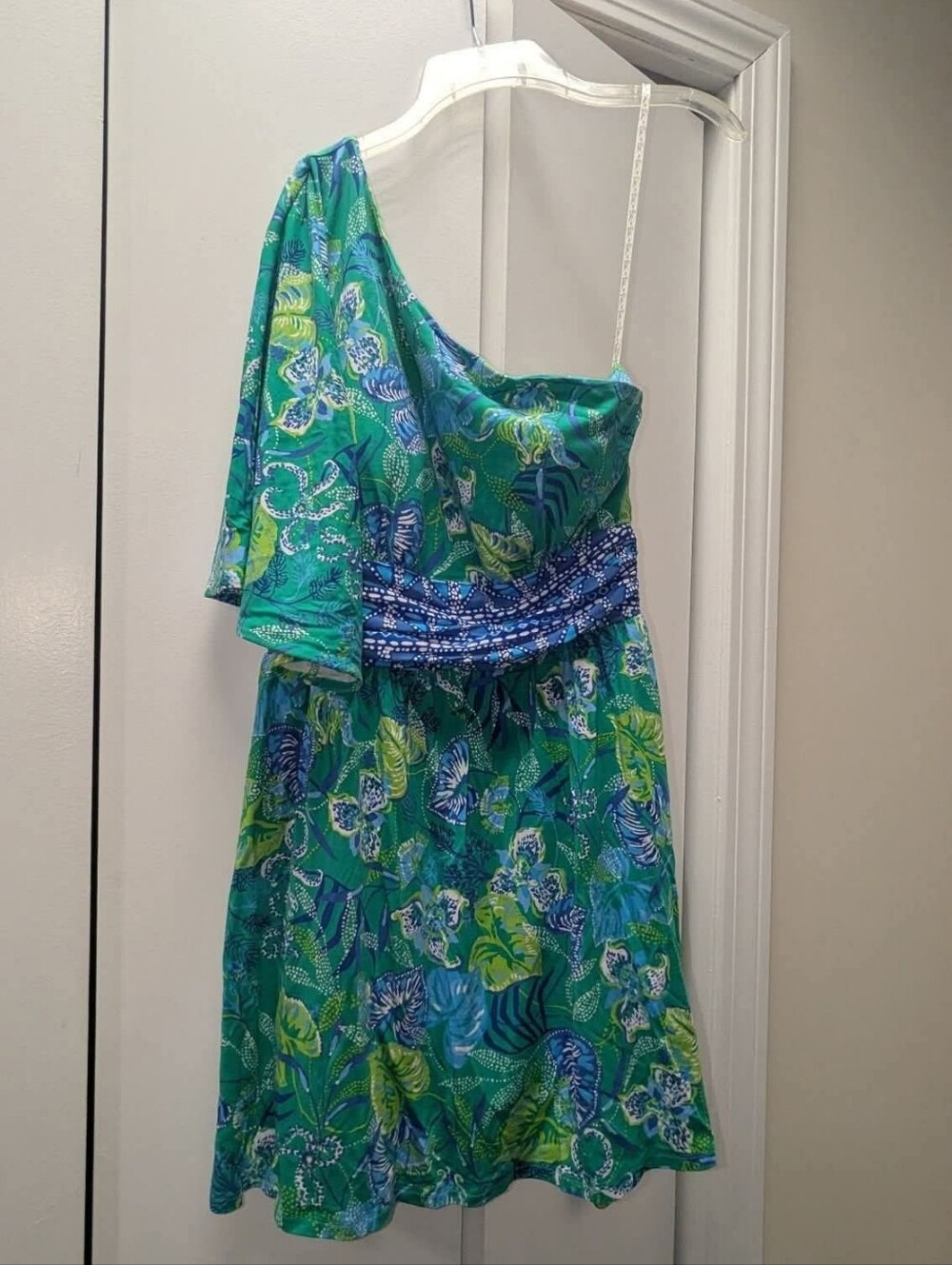 Lilly Pulitzer Niki  Blue Green Floral Stretch One-Shoulder Romper Dress Size 6